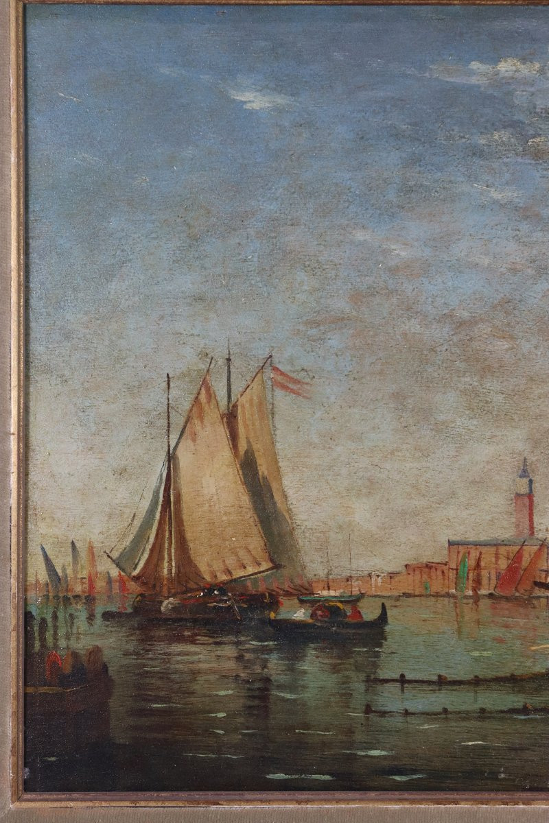 Suiveur de Felix ZIEM (1821-1911), Tableau HSP "L'arrivée en voilier devant Venise", XXe-photo-1
