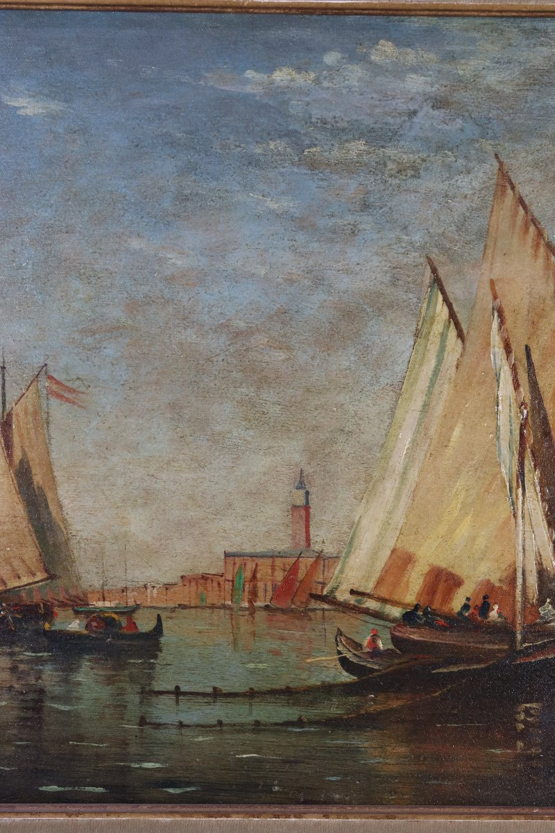 Suiveur de Felix ZIEM (1821-1911), Tableau HSP "L'arrivée en voilier devant Venise", XXe-photo-2