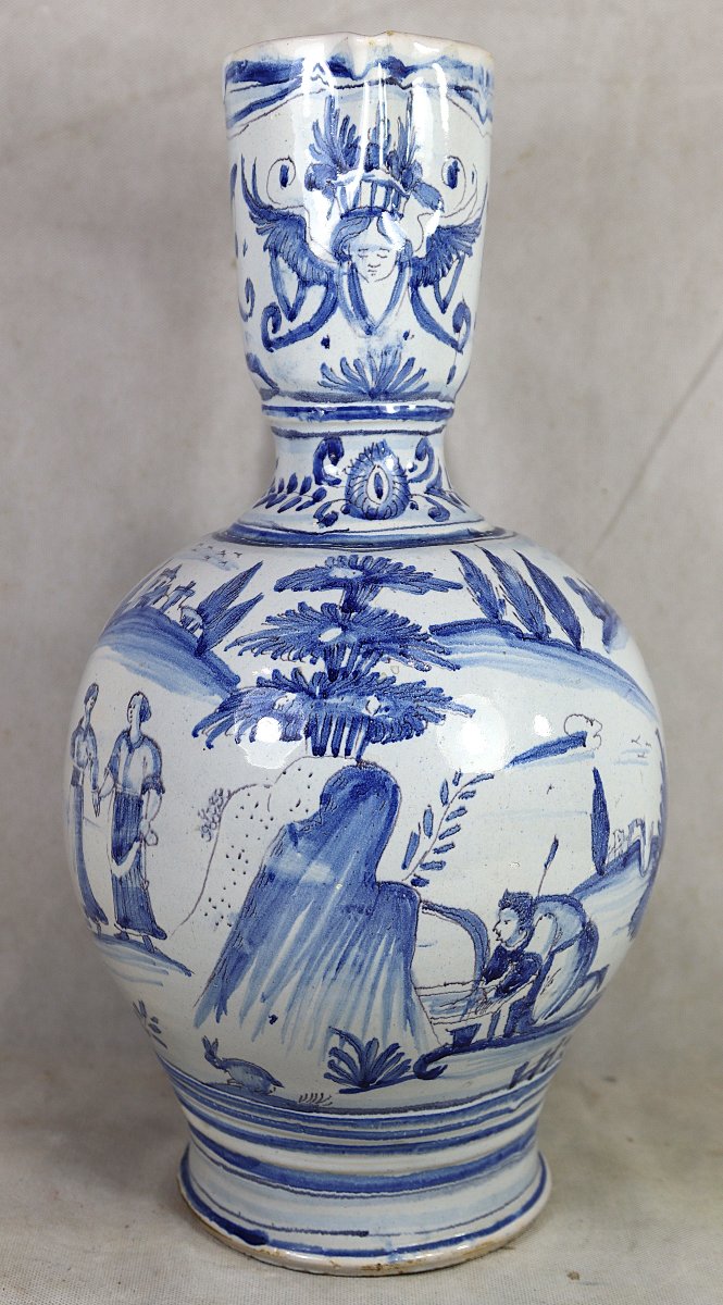 Nevers 18th Century, Large Earthenware Pitcher With Hunting Design.-photo-2