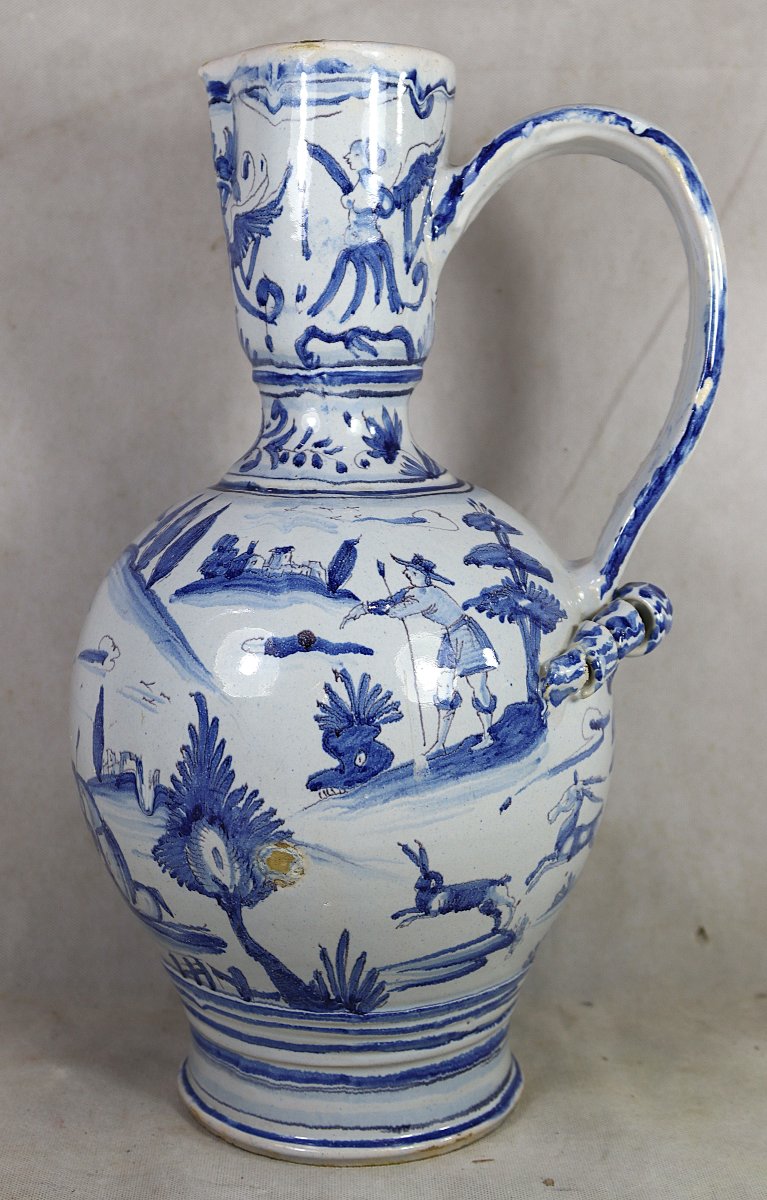 Nevers 18th Century, Large Earthenware Pitcher With Hunting Design.-photo-3