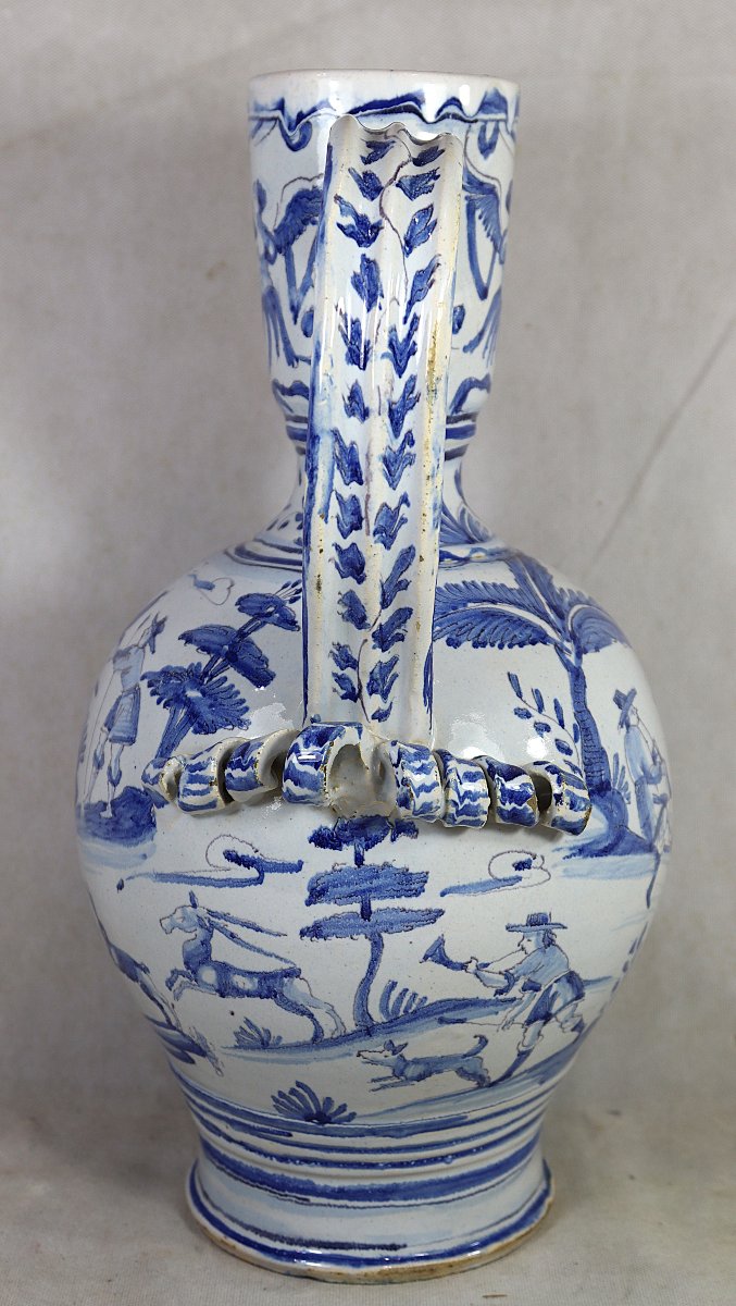 Nevers 18th Century, Large Earthenware Pitcher With Hunting Design.-photo-4