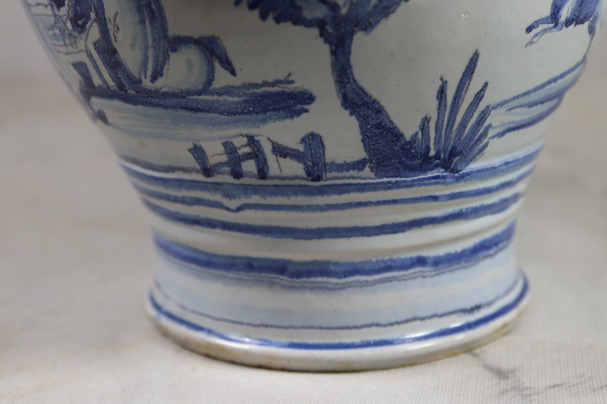 Nevers 18th Century, Large Earthenware Pitcher With Hunting Design.-photo-5