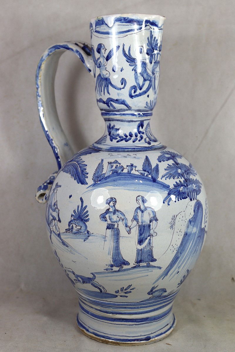 Nevers 18th Century, Large Earthenware Pitcher With Hunting Design.
