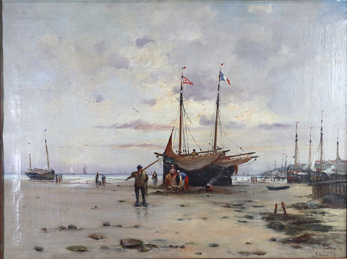 Tableau HST " Plage d'Equihen ", signé, XIXe-photo-2