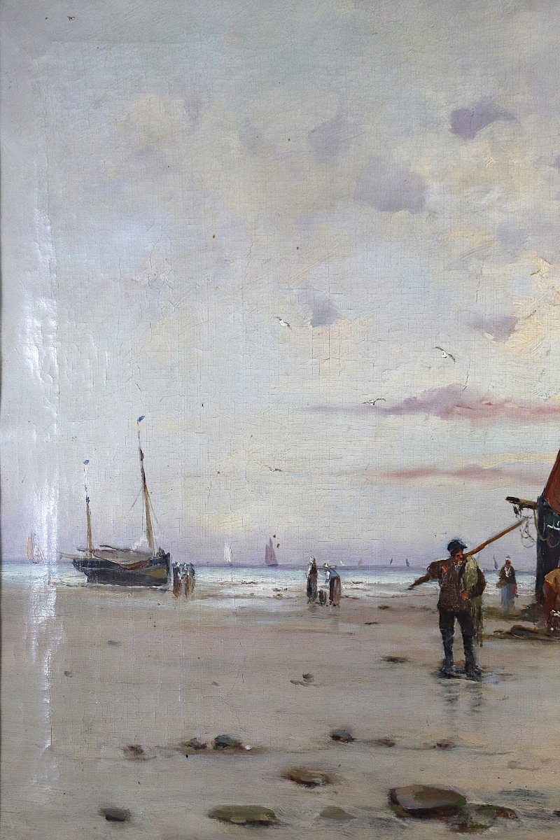 Tableau HST " Plage d'Equihen ", signé, XIXe-photo-2