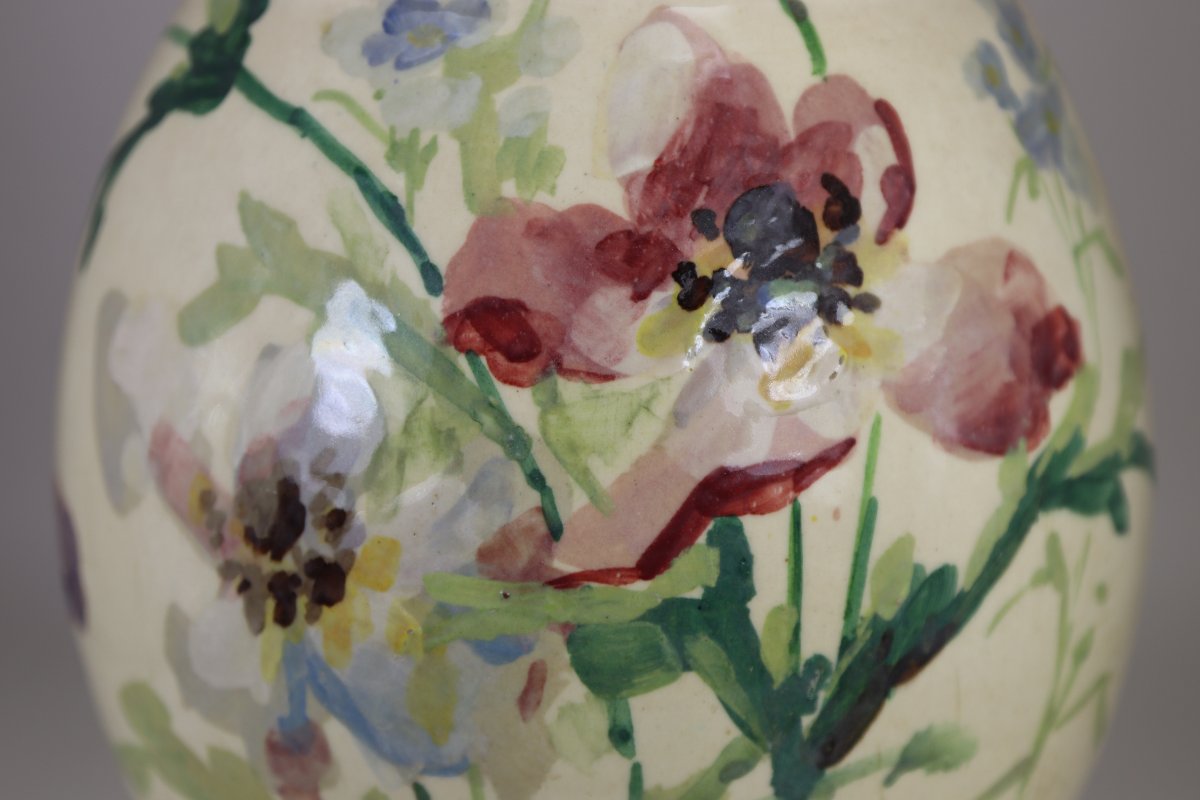 Montigny-sur-loing, Vase Decorated With Flowers, Signed, Late 19th Century-photo-1