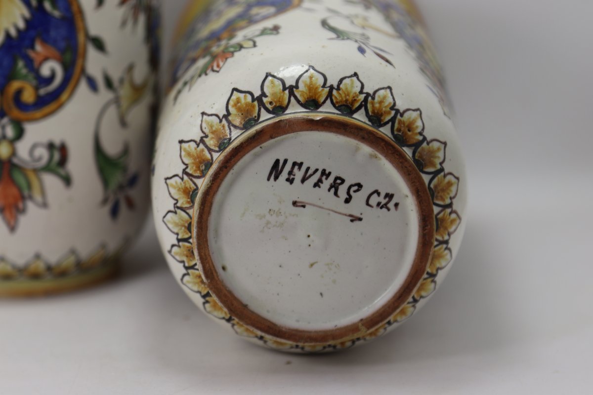 Nevers. Chalandre And Zeitfogel, Pair Of Earthenware Vases, 19th Century-photo-4