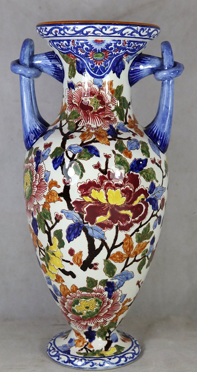Gien, Large Vase With Peony Design, Signed, 20th Century-photo-2