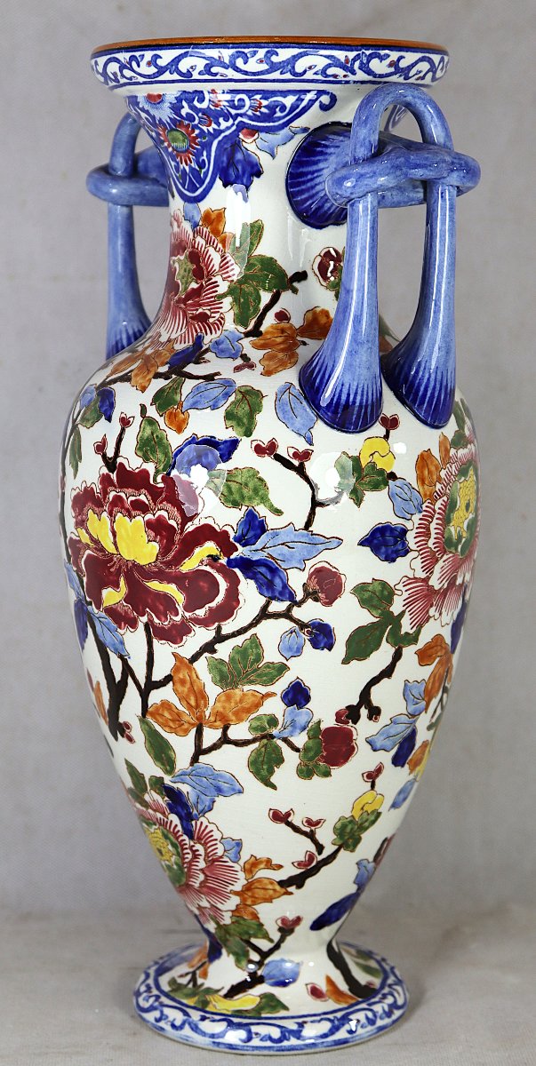 Gien, Large Vase With Peony Design, Signed, 20th Century-photo-3