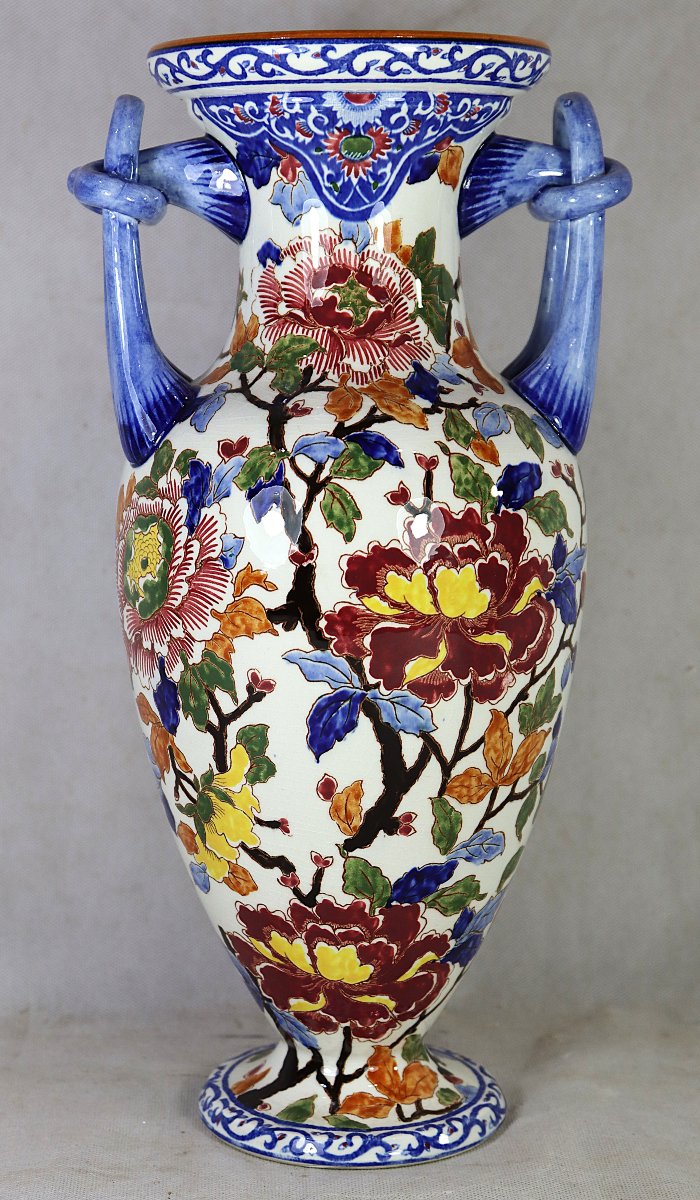 Gien, Large Vase With Peony Design, Signed, 20th Century-photo-4