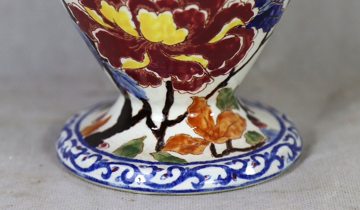 Gien, Large Vase With Peony Design, Signed, 20th Century-photo-1
