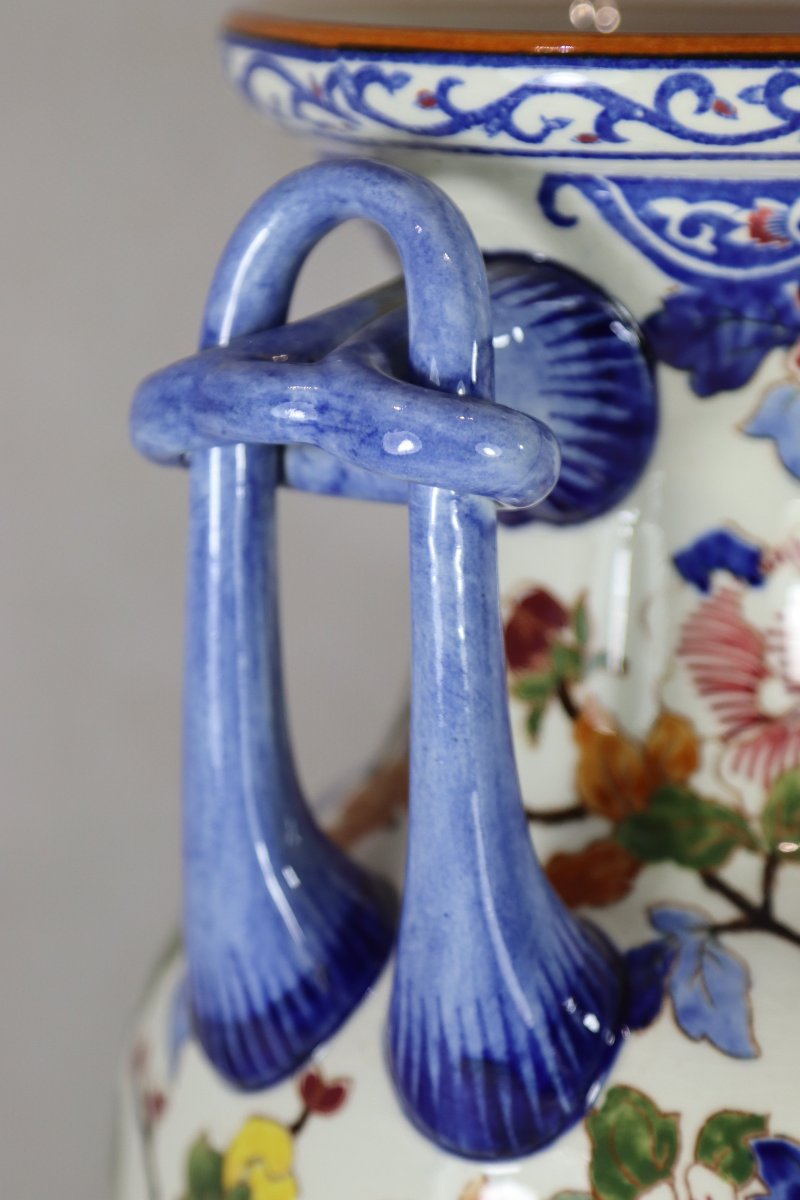 Gien, Large Vase With Peony Design, Signed, 20th Century-photo-2