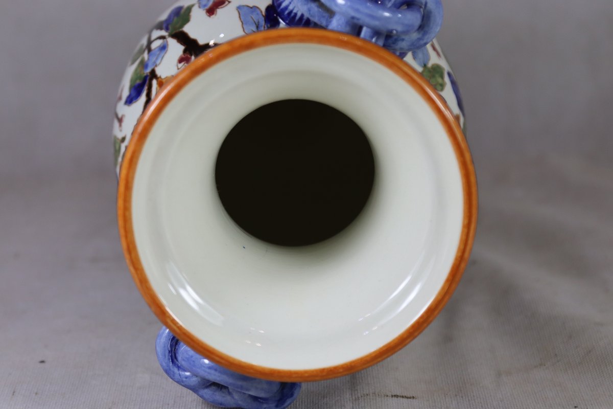 Gien, Large Vase With Peony Design, Signed, 20th Century-photo-3