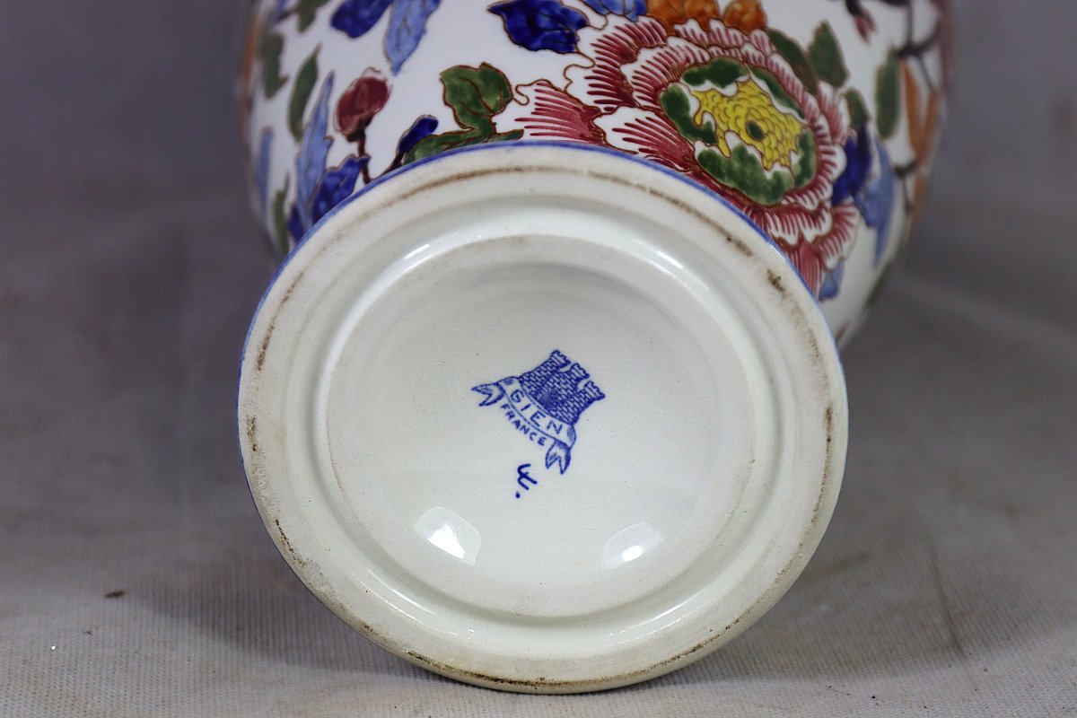 Gien, Large Vase With Peony Design, Signed, 20th Century-photo-4