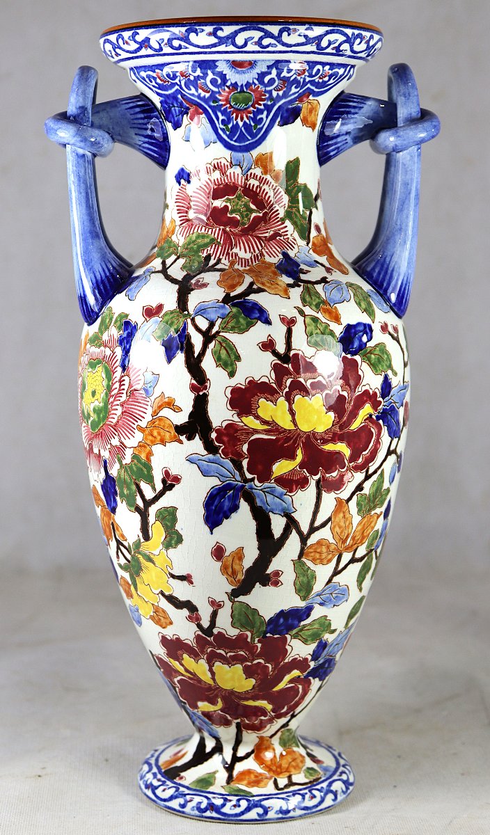 Gien, Large Vase With Peony Design, Signed, 20th Century