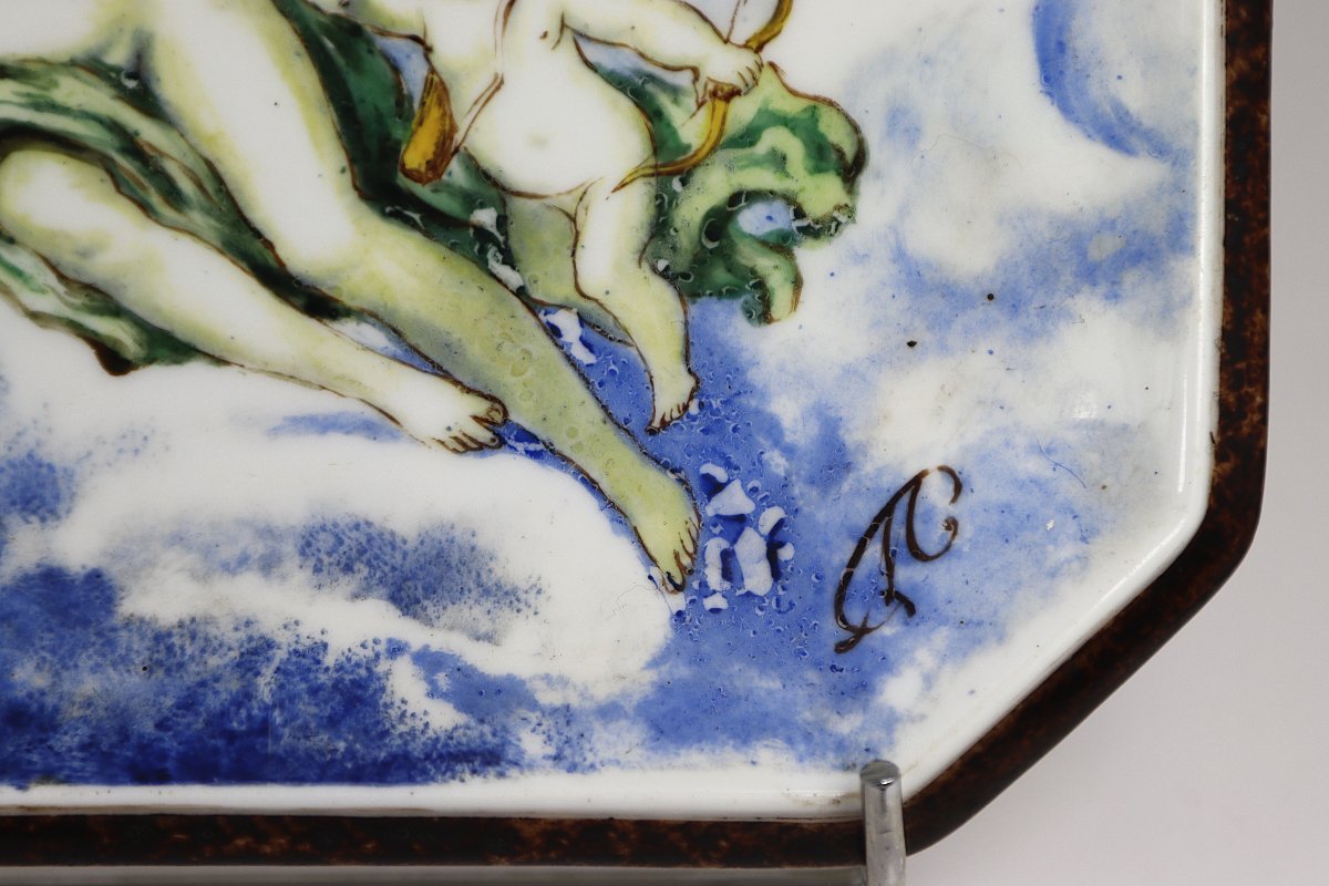 Plat en faïence " Vénus et l'amour ", signé, XIXe-photo-3