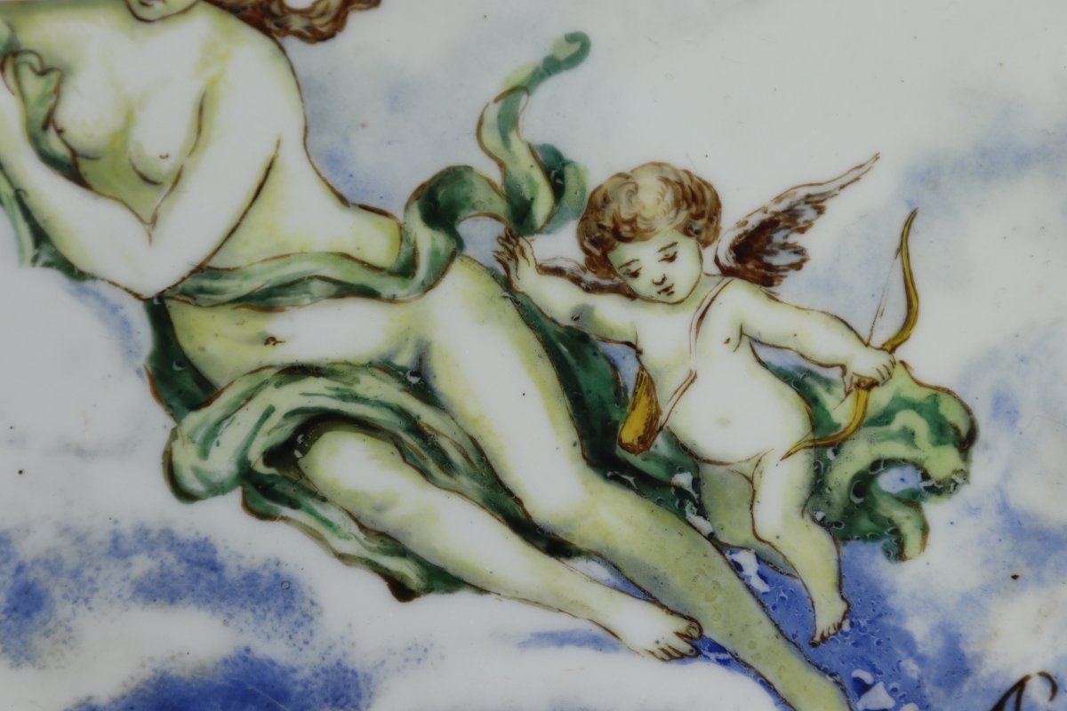 Plat en faïence " Vénus et l'amour ", signé, XIXe-photo-4