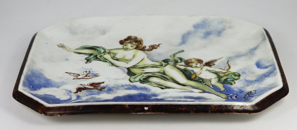 Plat en faïence " Vénus et l'amour ", signé, XIXe-photo-3