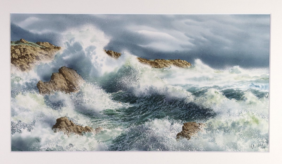 Hervé Richard (1952), Watercolor "storm On The Wild Coast At Quiberon," 20th Century-photo-2