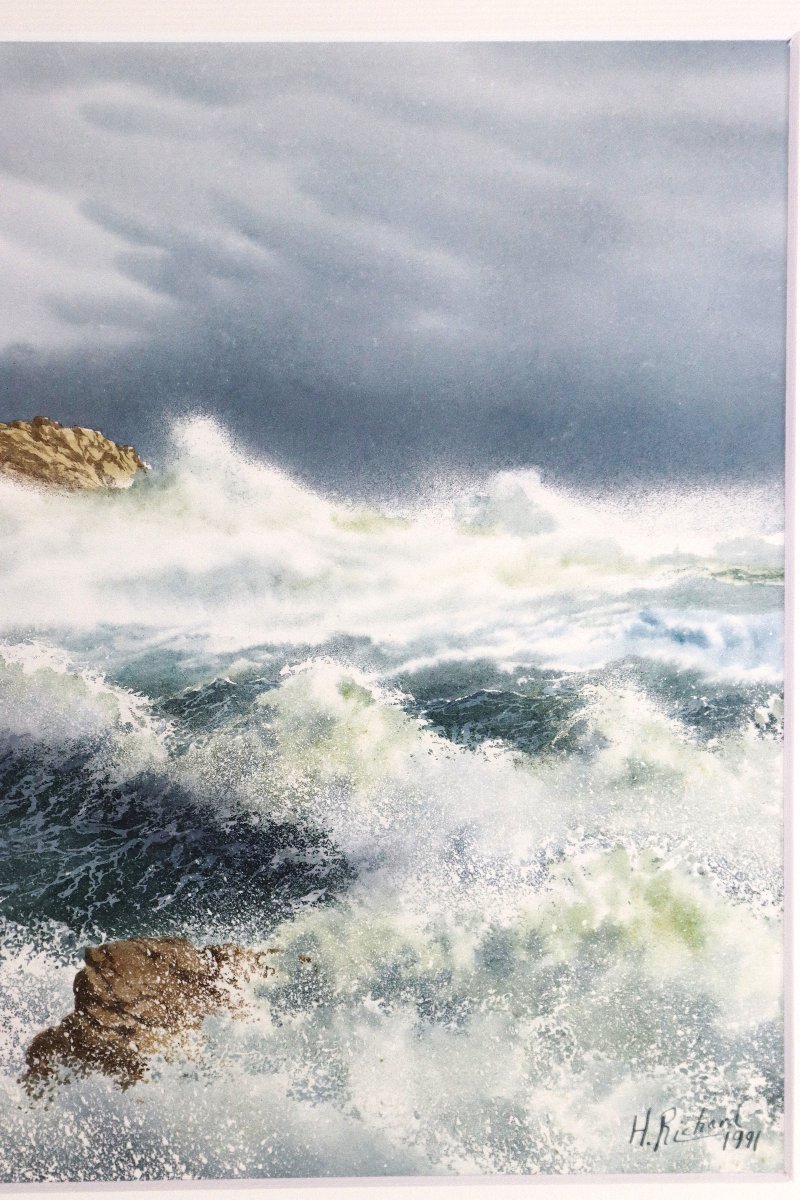 Hervé Richard (1952), Watercolor "storm On The Wild Coast At Quiberon," 20th Century-photo-1