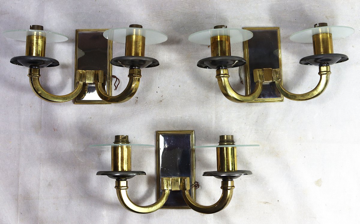 Jacques Adnet ( dans le goût ) série de 3 appliques, vers 1970