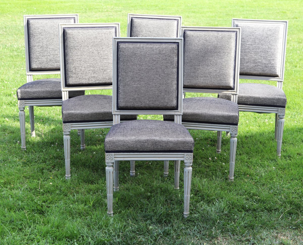 Set Of 6 Painted Wooden Chairs, 16th-century Style, Early 20th Century