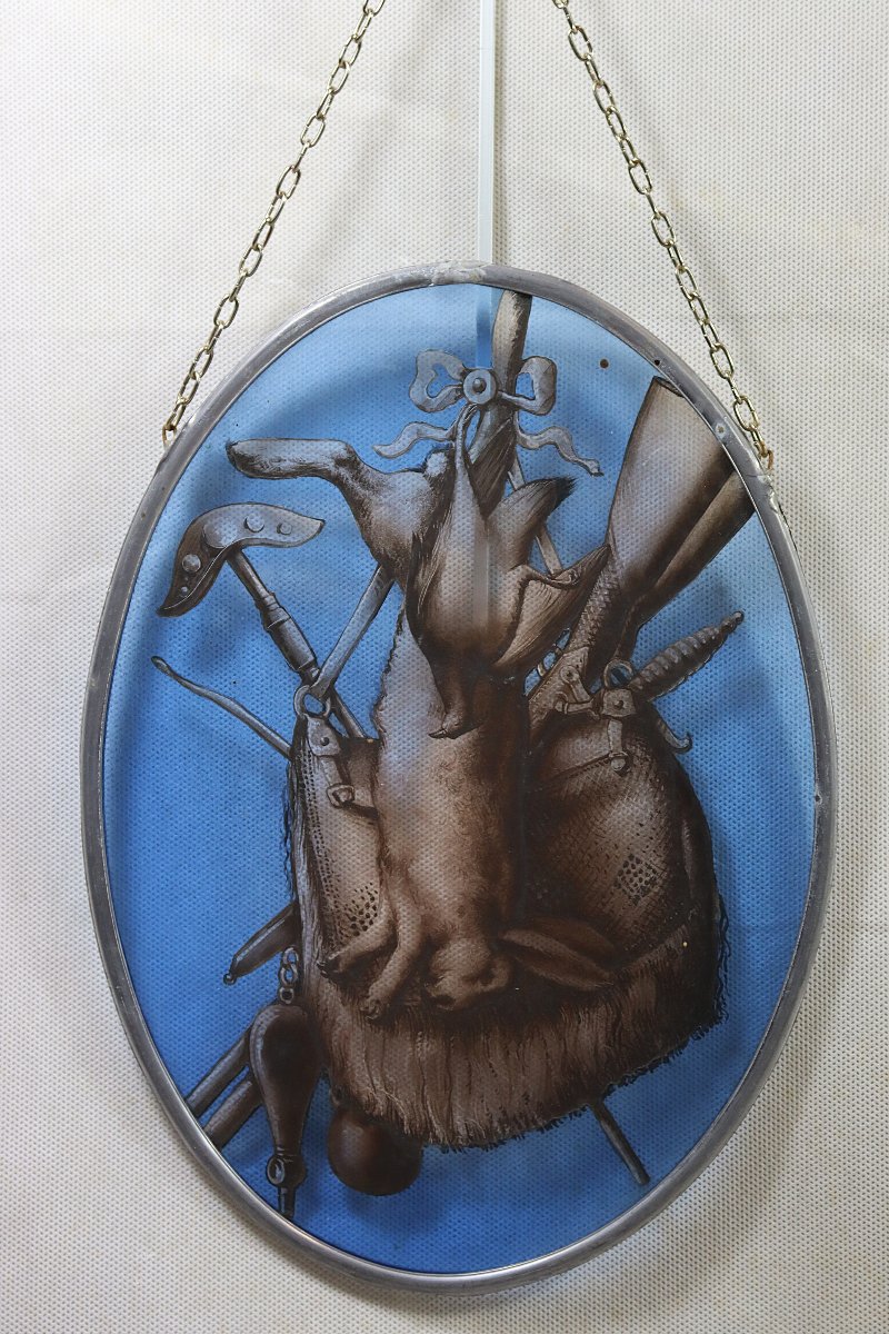 Paire de médaillons, vitraux " Attributs de chasse ", fin XIXe-photo-2