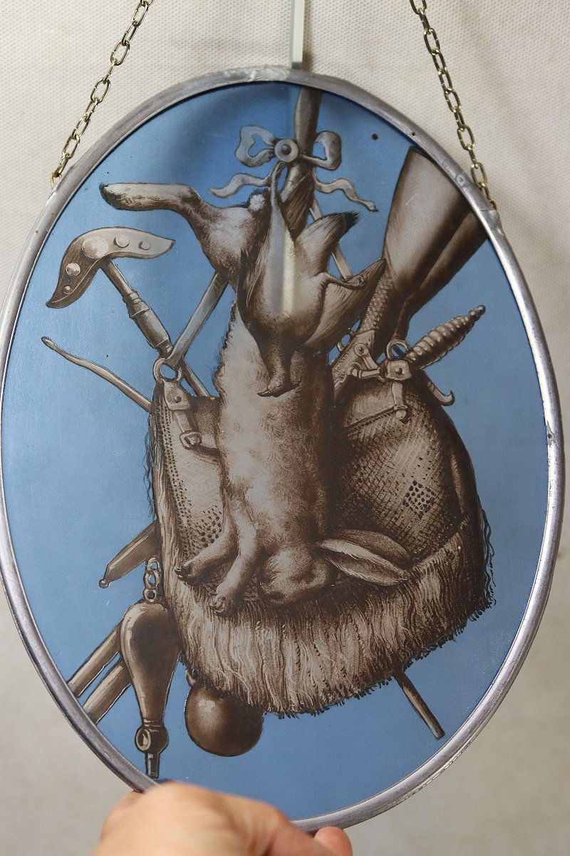 Paire de médaillons, vitraux " Attributs de chasse ", fin XIXe-photo-4