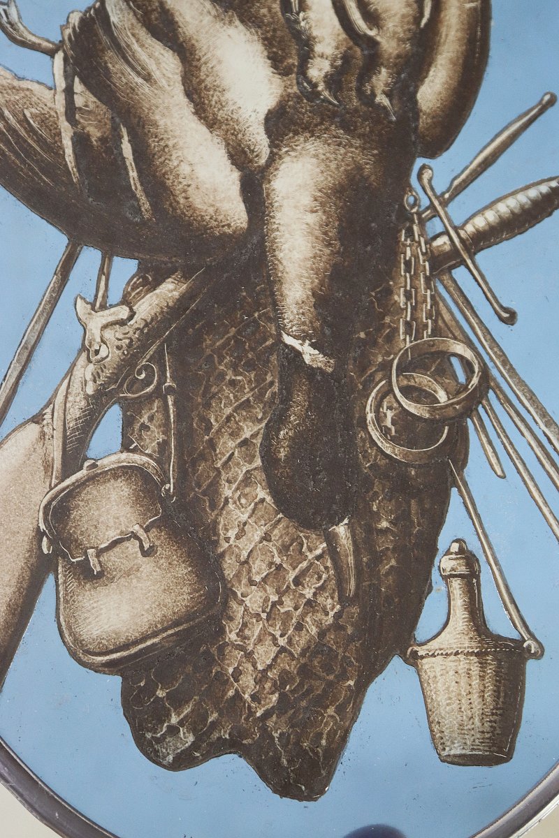 Paire de médaillons, vitraux " Attributs de chasse ", fin XIXe-photo-1