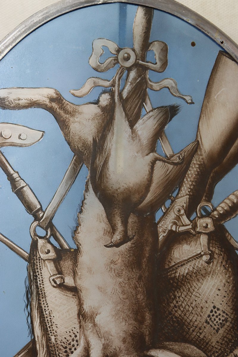 Paire de médaillons, vitraux " Attributs de chasse ", fin XIXe-photo-3