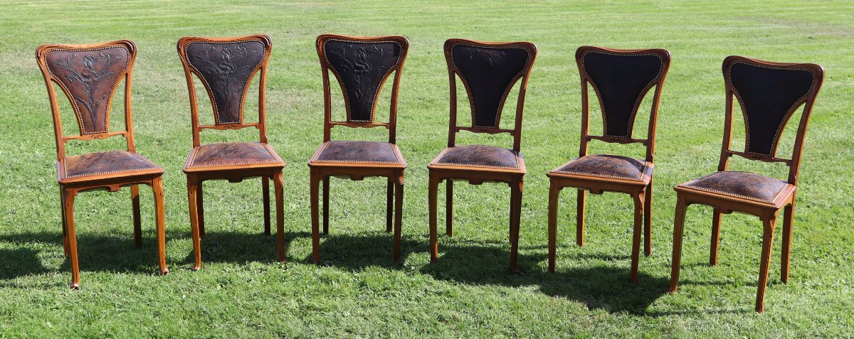 Camille Gauthier (1870–1963) & Paul Poinsignon Set Of Six Art Nouveau Chairs, 1890
