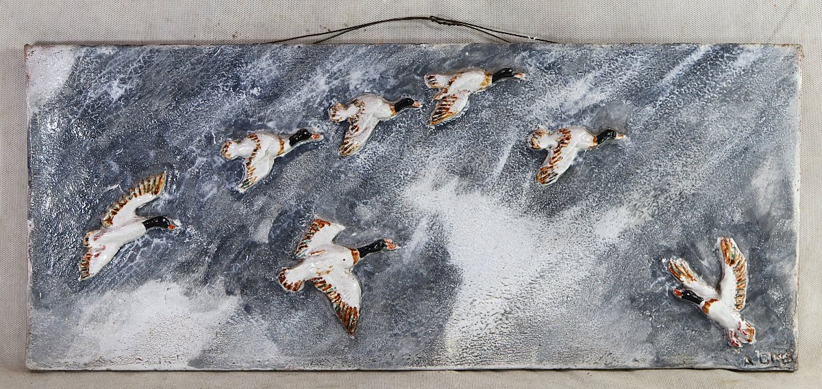 A.gins (19th–20th Centuries), Glazed Terracotta Plaque Depicting “flying Wild Ducks,” Circa 1940