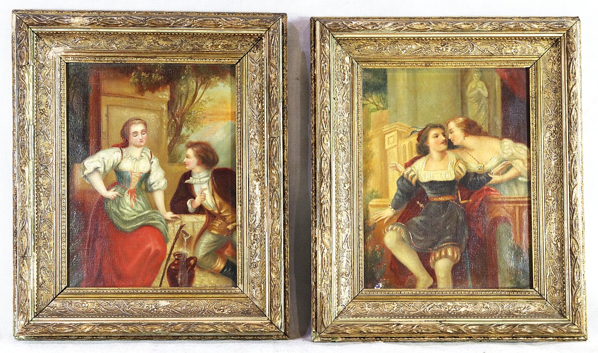 Paire de tableaux HST " Scène Romantique ", XIXe-photo-2
