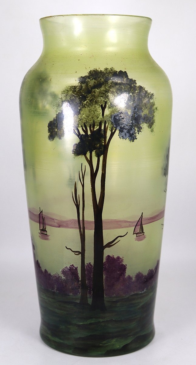 Muller Frères, Luneville: Baluster Vase With A Lake Landscape Design, Signed, 20th Century-photo-2