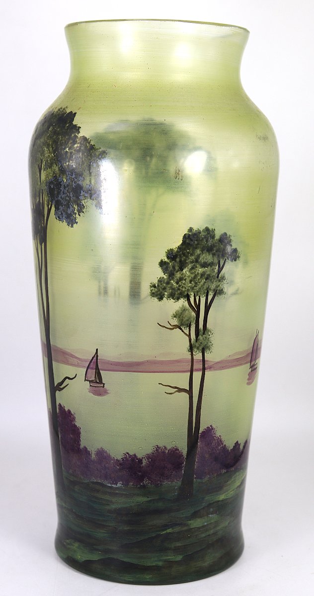 Muller Frères, Luneville: Baluster Vase With A Lake Landscape Design, Signed, 20th Century-photo-3