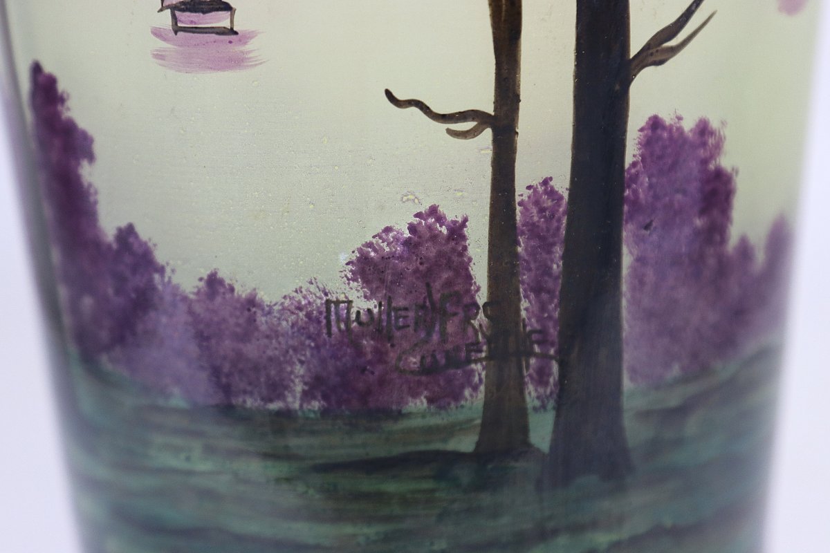 Muller Frères, Luneville: Baluster Vase With A Lake Landscape Design, Signed, 20th Century-photo-5