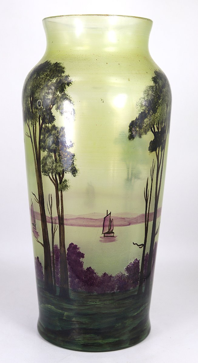 Muller Frères, Luneville: Baluster Vase With A Lake Landscape Design, Signed, 20th Century