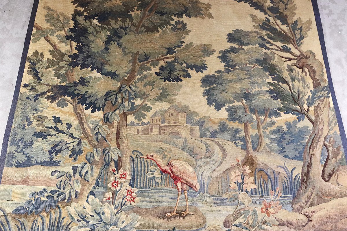 Aubusson, "verdure With A Wading Bird" Tapestry, Early 19th Century-photo-3