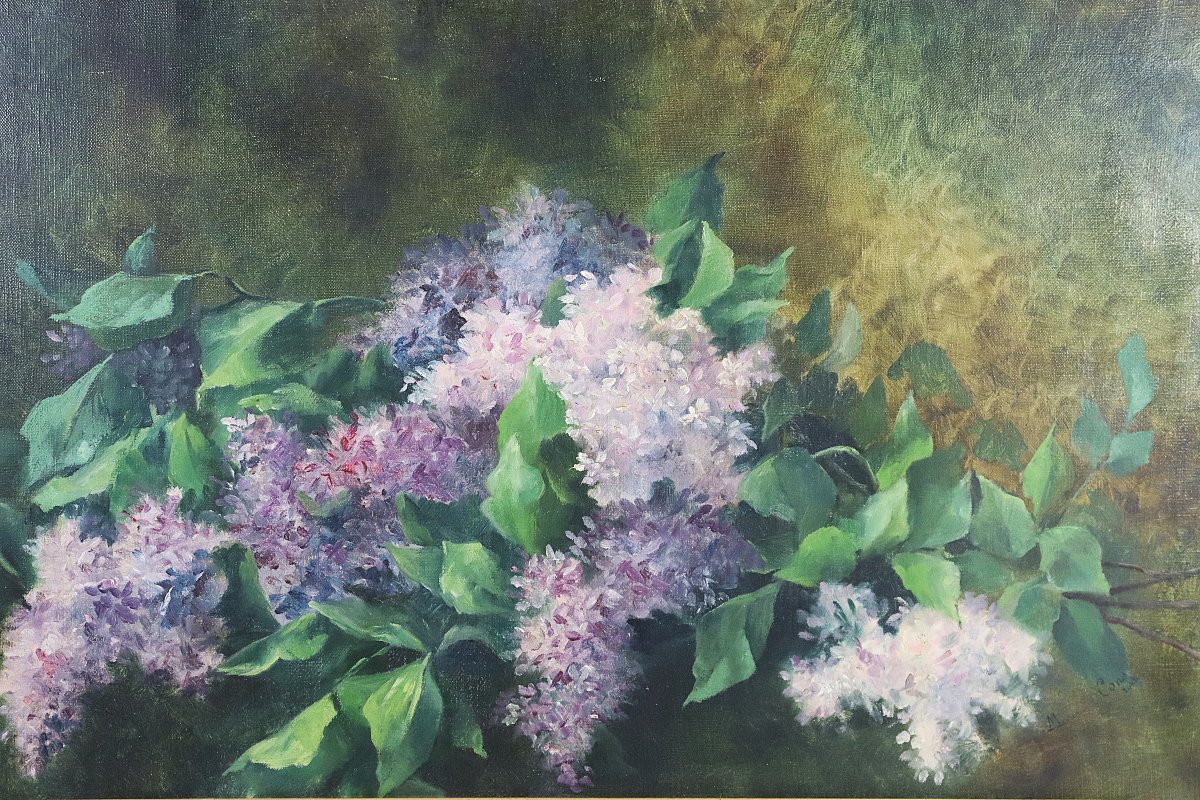 Marguerite Cons (19th–20th Centuries), Hst Painting "the Lilacs," Signed And Dated 1908-photo-2