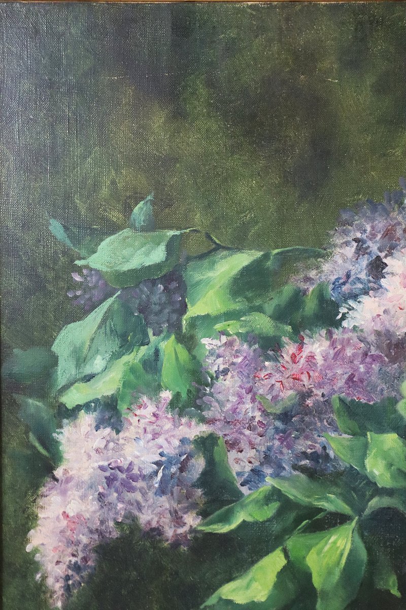 Marguerite Cons (19th–20th Centuries), Hst Painting "the Lilacs," Signed And Dated 1908-photo-3