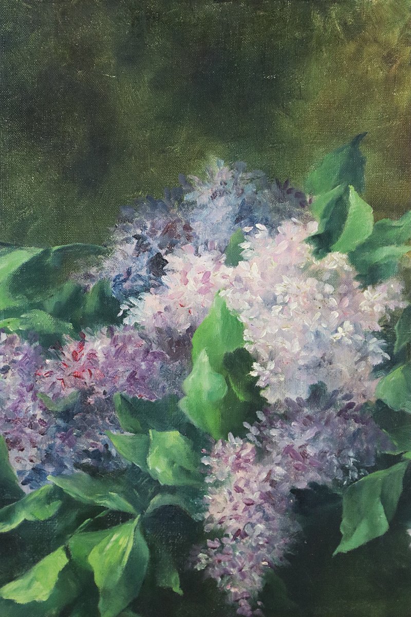 Marguerite Cons (19th–20th Centuries), Hst Painting "the Lilacs," Signed And Dated 1908-photo-4