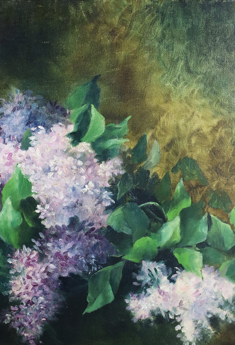 Marguerite Cons (19th–20th Centuries), Hst Painting "the Lilacs," Signed And Dated 1908-photo-1