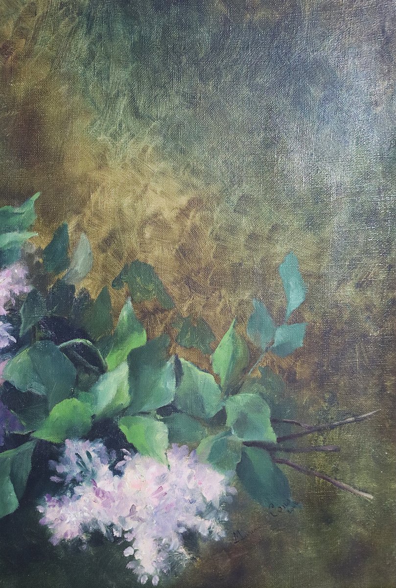 Marguerite Cons (19th–20th Centuries), Hst Painting "the Lilacs," Signed And Dated 1908-photo-2