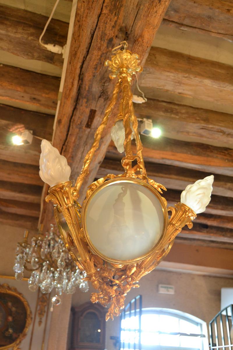 Chandelier In Gilded Bronze Tambourine, Age Nap III-photo-3