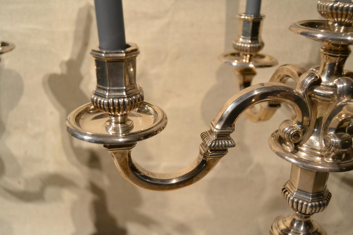 Large Pair Of Candelabra, Sterling Silver, Puiforcat, XXth-photo-2