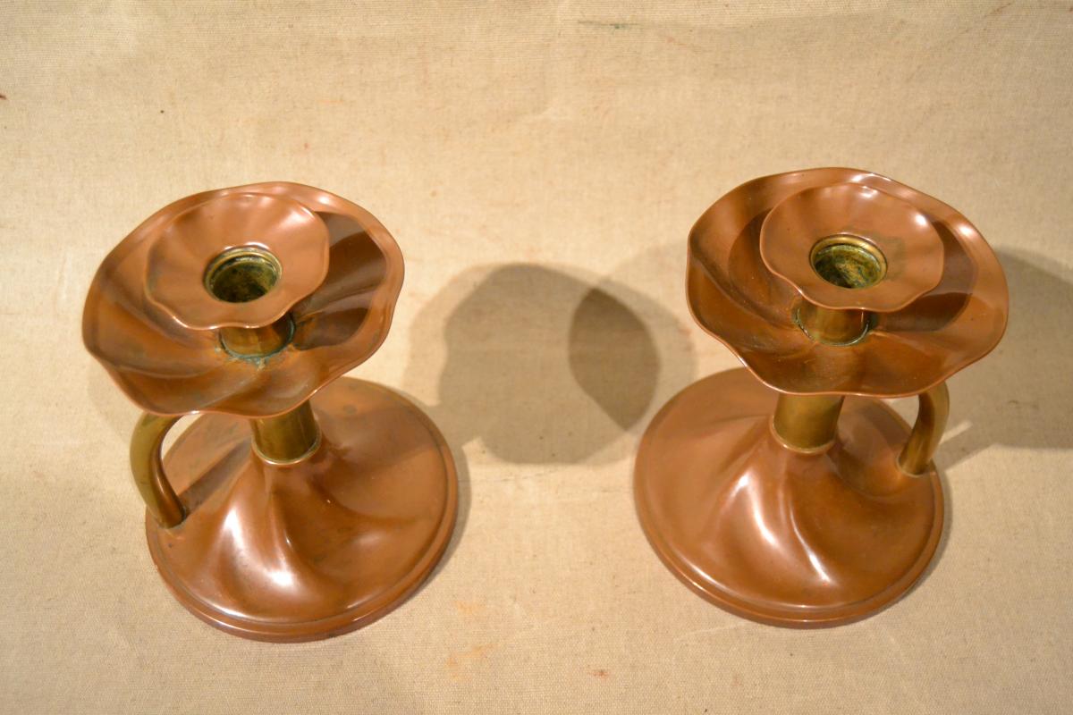 Was Benson (attributed), Pair Of Copper And Brass Candlesticks, 1900-photo-2