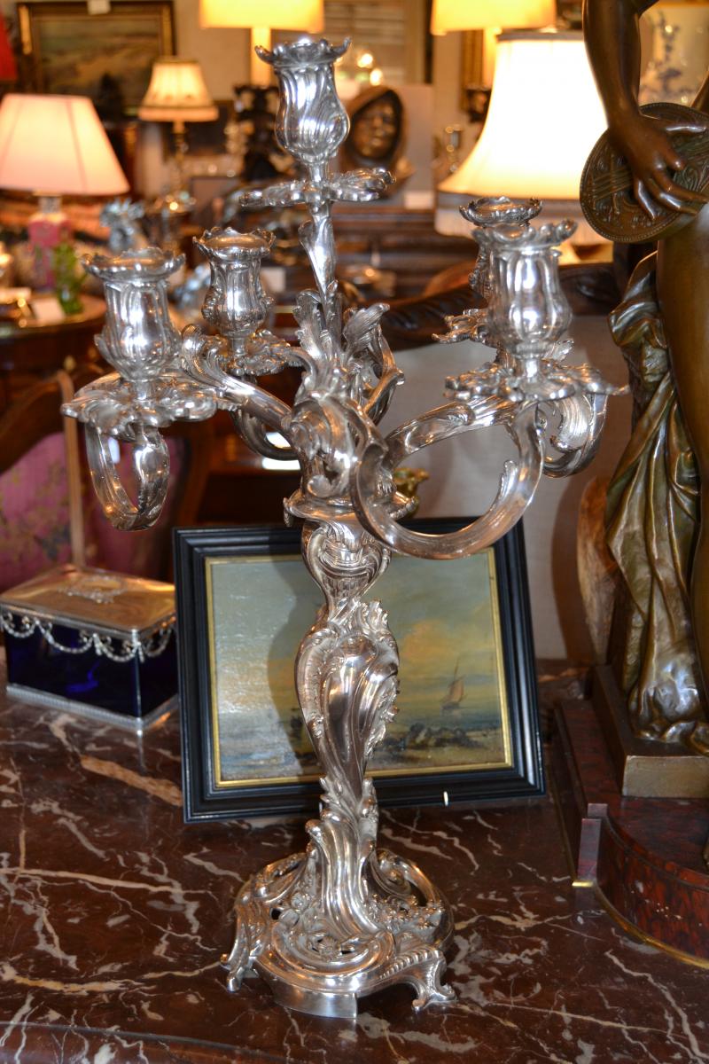 Pair Of Candelabra Bronze Silver, Louis XV Style, Nineteenth-photo-2