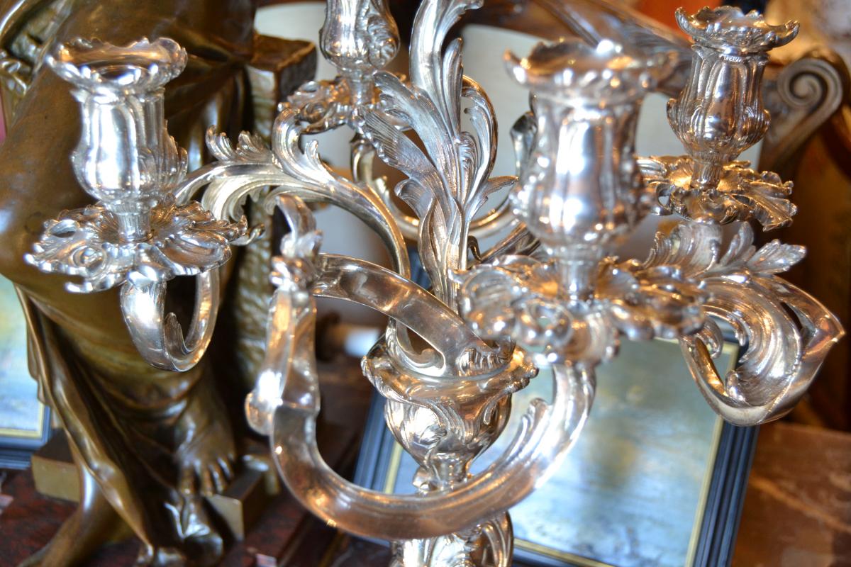 Pair Of Candelabra Bronze Silver, Louis XV Style, Nineteenth-photo-4