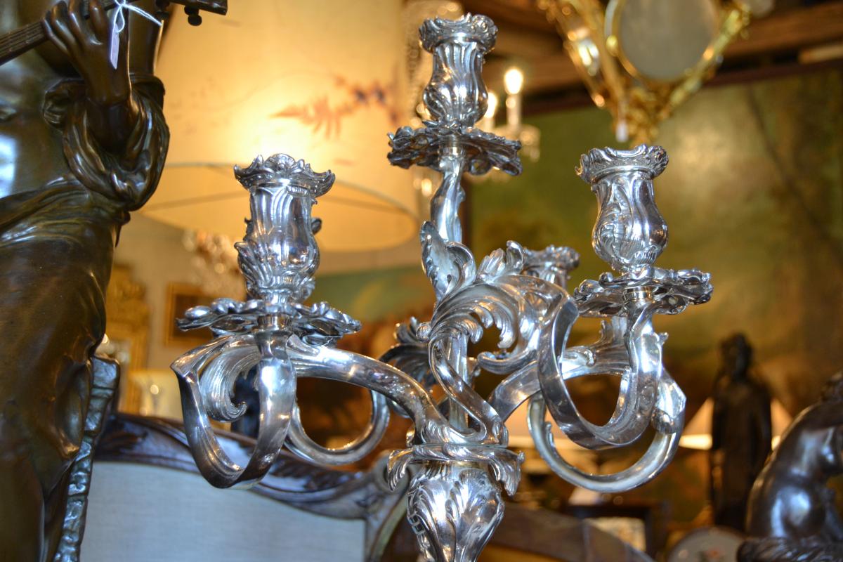 Pair Of Candelabra Bronze Silver, Louis XV Style, Nineteenth-photo-4