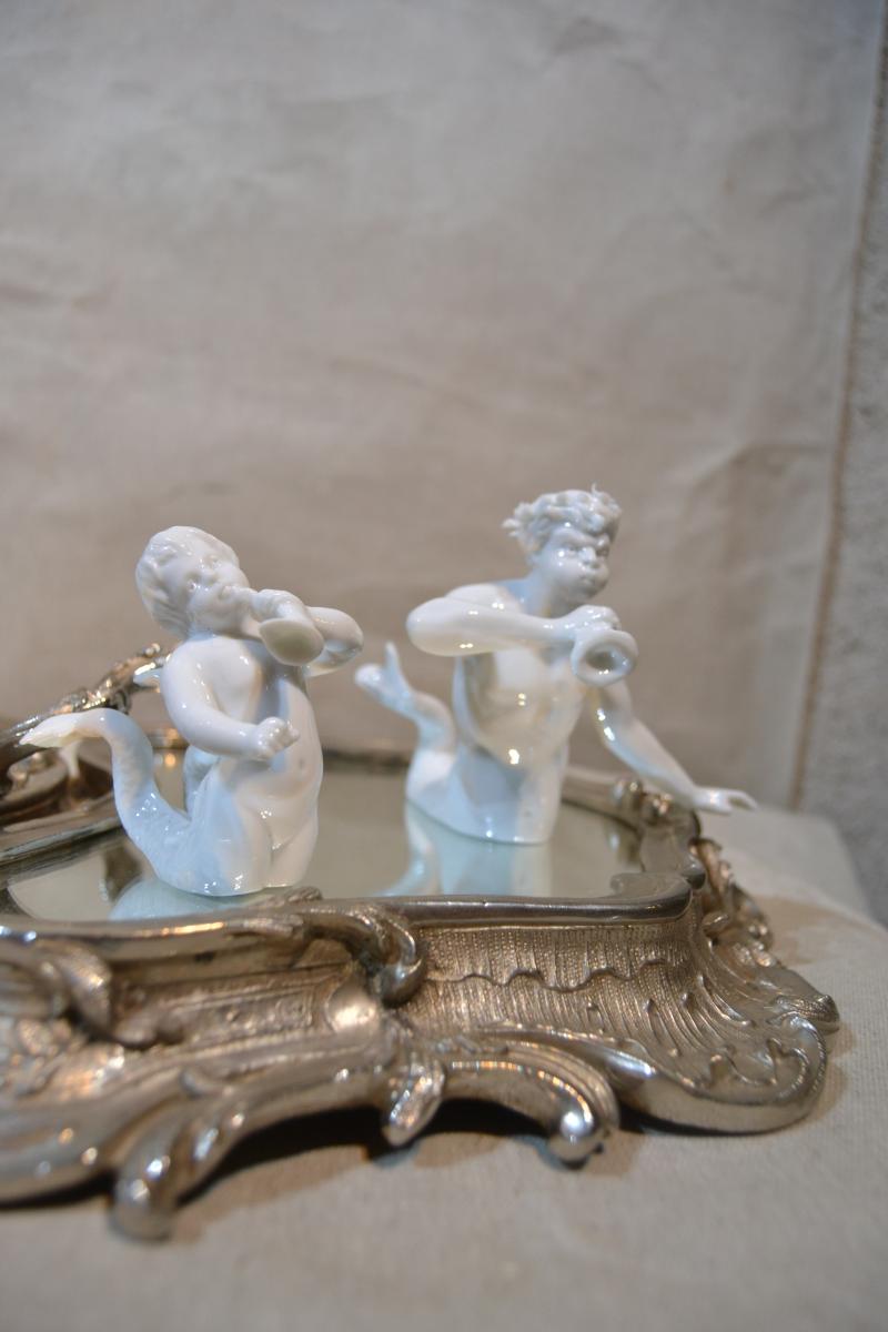 Center Table In Silver Bronze And Its Enamelled Biscuit Elements, Twentieth-photo-1